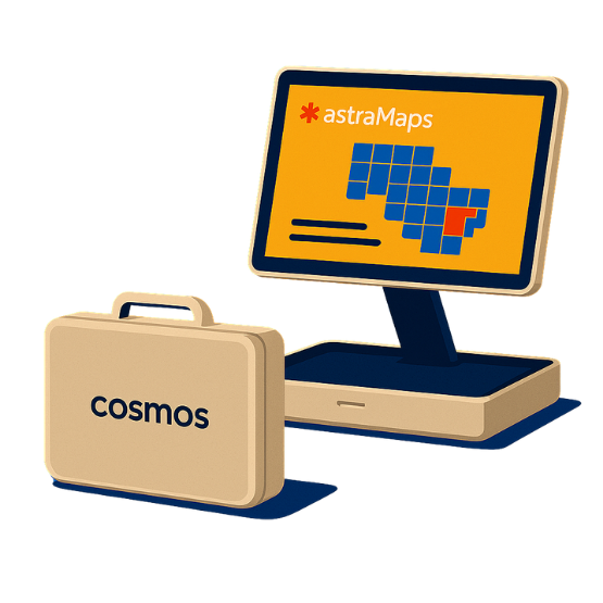 Monitor mostrando astraMaps junto a un portafolio con el logo cosmos